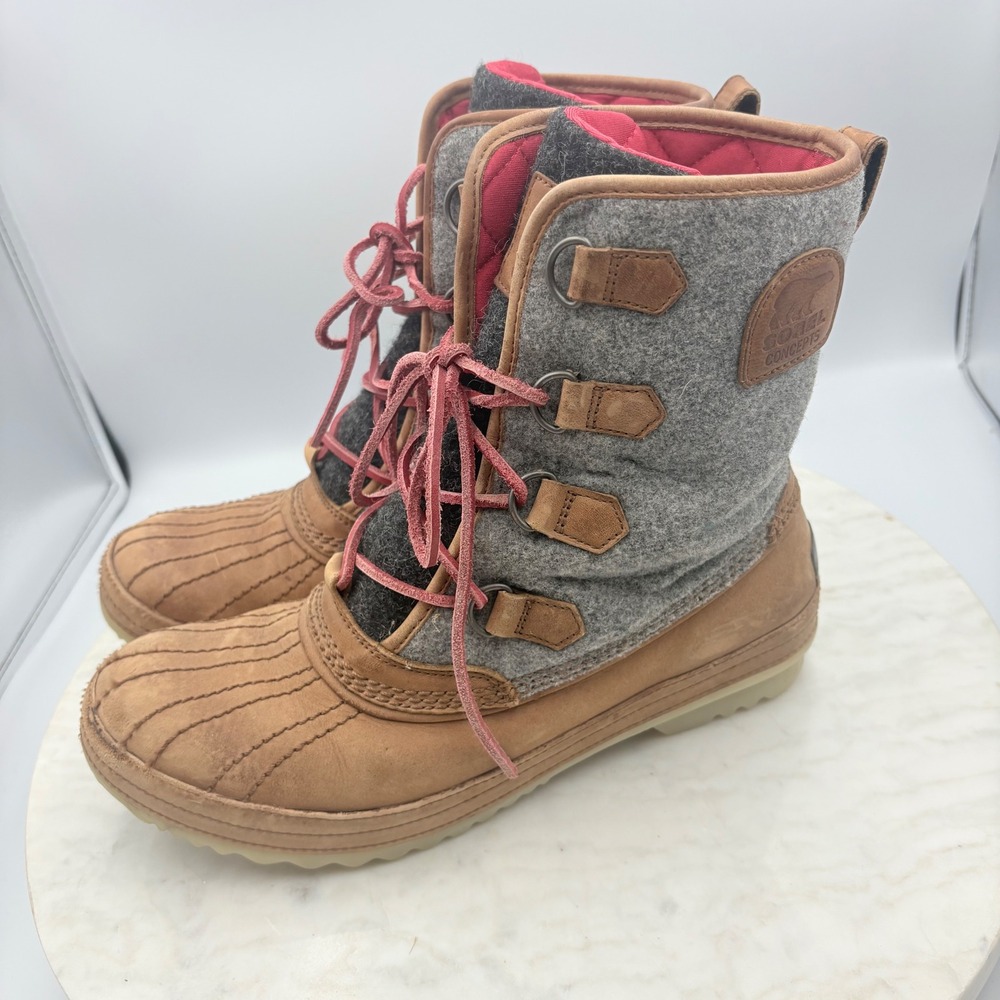 Sorel Concepts Winter Boots Womens 10 Gray Wool Duck Boots Red Quilted Outdoor